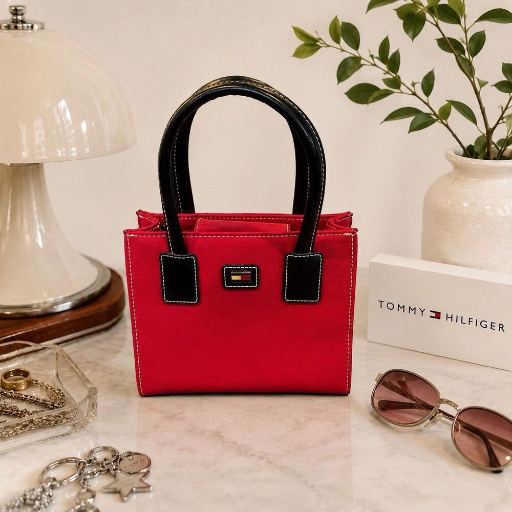 VTG Y2K 90s SmallTommy Hilfiger Satchel RedBlack Snap Closure No Crossbody Strap